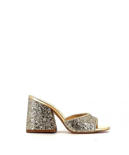 MULES TESLA CUIR GLITTER PLATINE