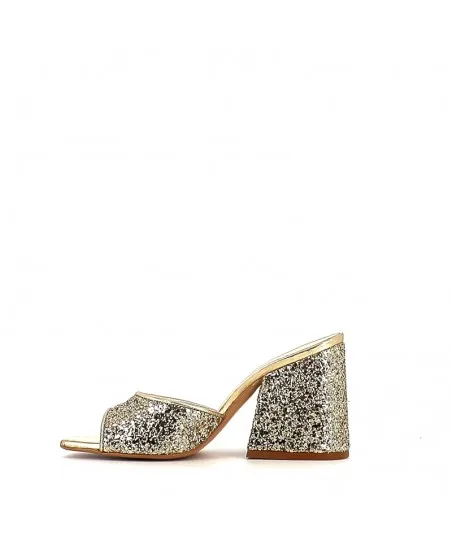 MULES TESLA CUIR GLITTER PLATINE